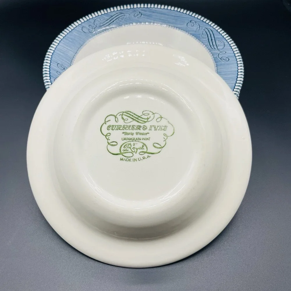 6 Currier & Ives Royal Blue 'Early Winter' Soup/Salad Bowls 8.5